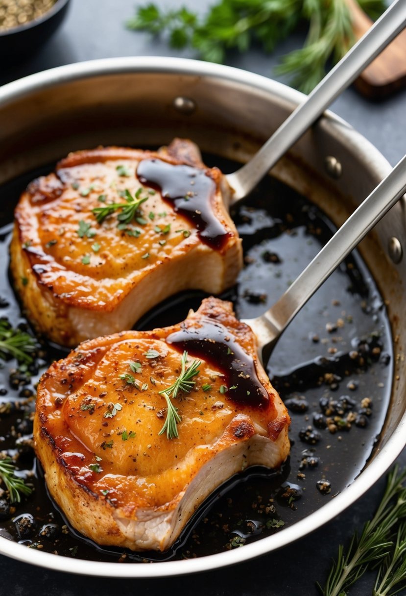 Two pork chops sizzling in a Ninja Foodi, coated in a glossy balsamic glaze, surrounded by herbs and spices