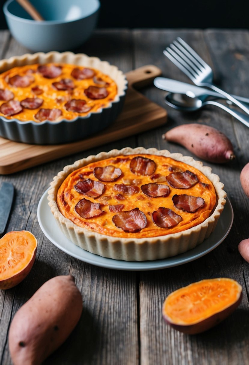 A rustic kitchen table with a freshly baked Bacon and Sweet Potato Quiche surrounded by sweet potatoes, bacon, and cooking utensils