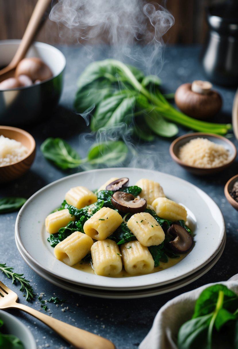 A steaming plate of gnocchi with portobello mushrooms and spinach, surrounded by fresh ingredients and a rustic kitchen setting