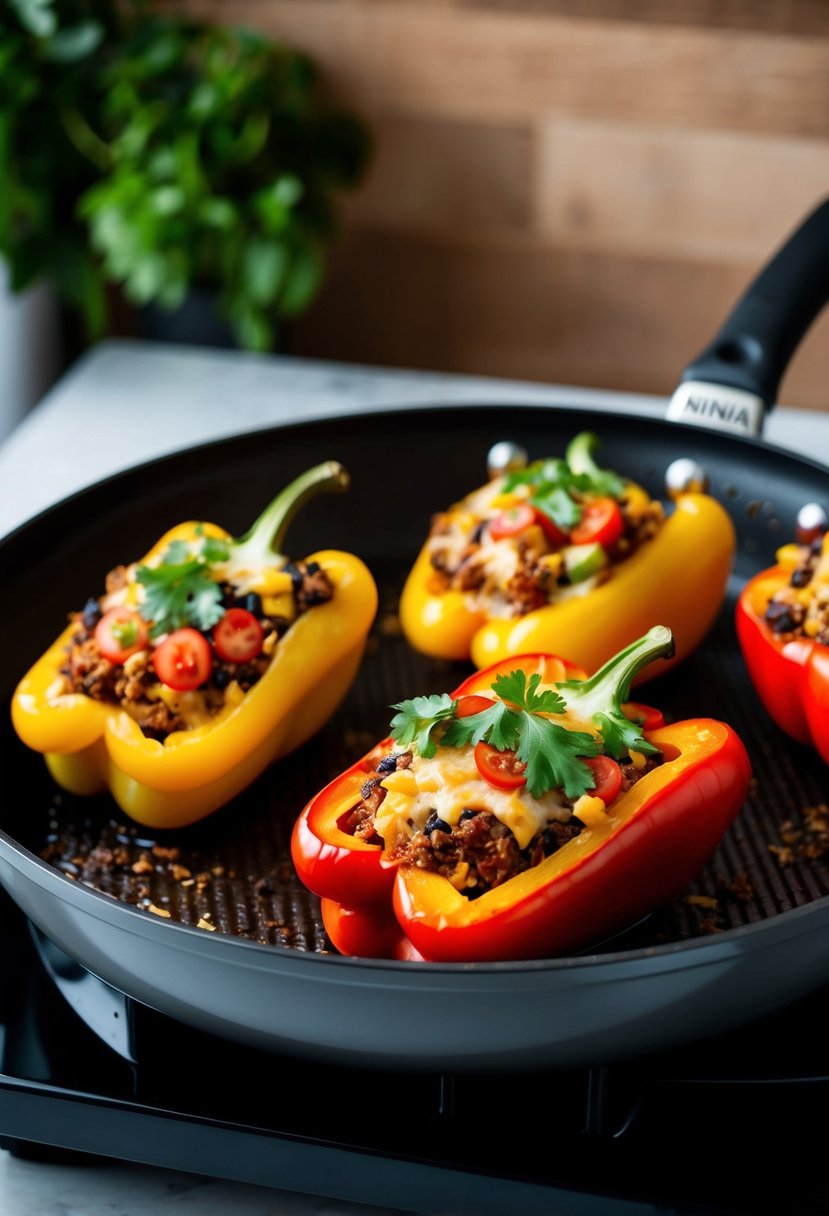 Colorful bell peppers stuffed with delicious ingredients, sizzling in a Ninja Foodi NeverStick pan