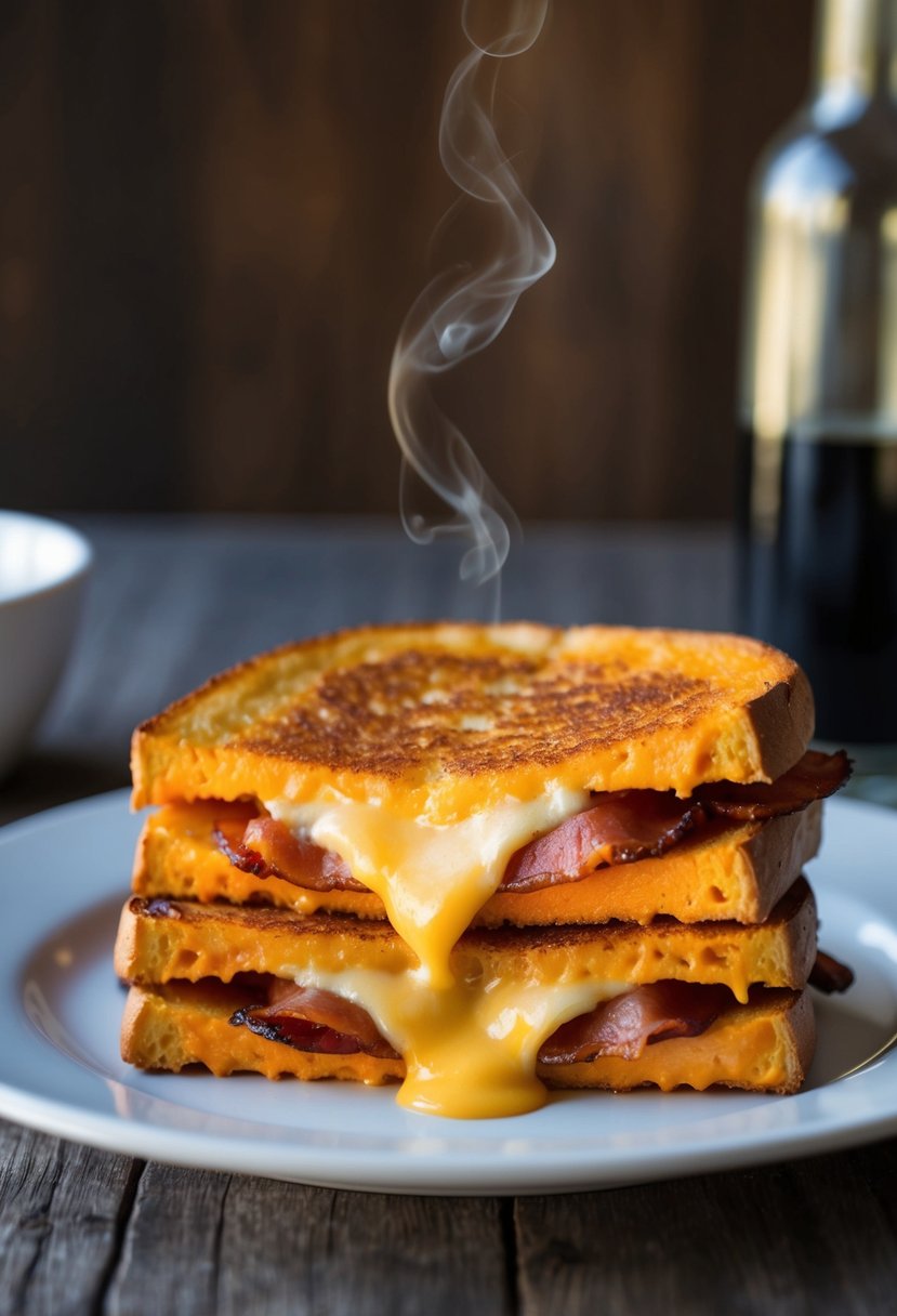 A sizzling grilled cheese sandwich with sweet potato and bacon, oozing with melted cheese and golden brown on the outside