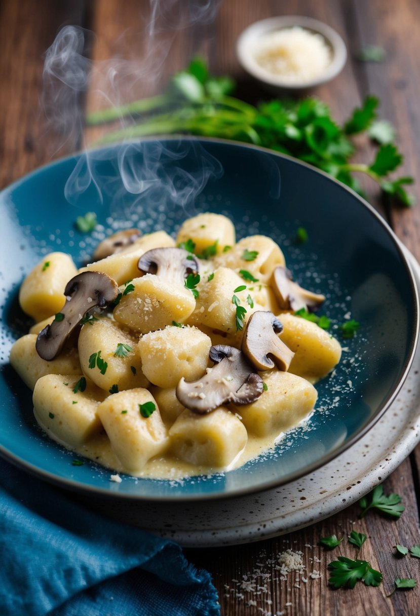 A steaming plate of creamy Mushroom Alfredo Gnocchi sits on a rustic wooden table, garnished with freshly grated Parmesan and a sprinkle of chopped parsley