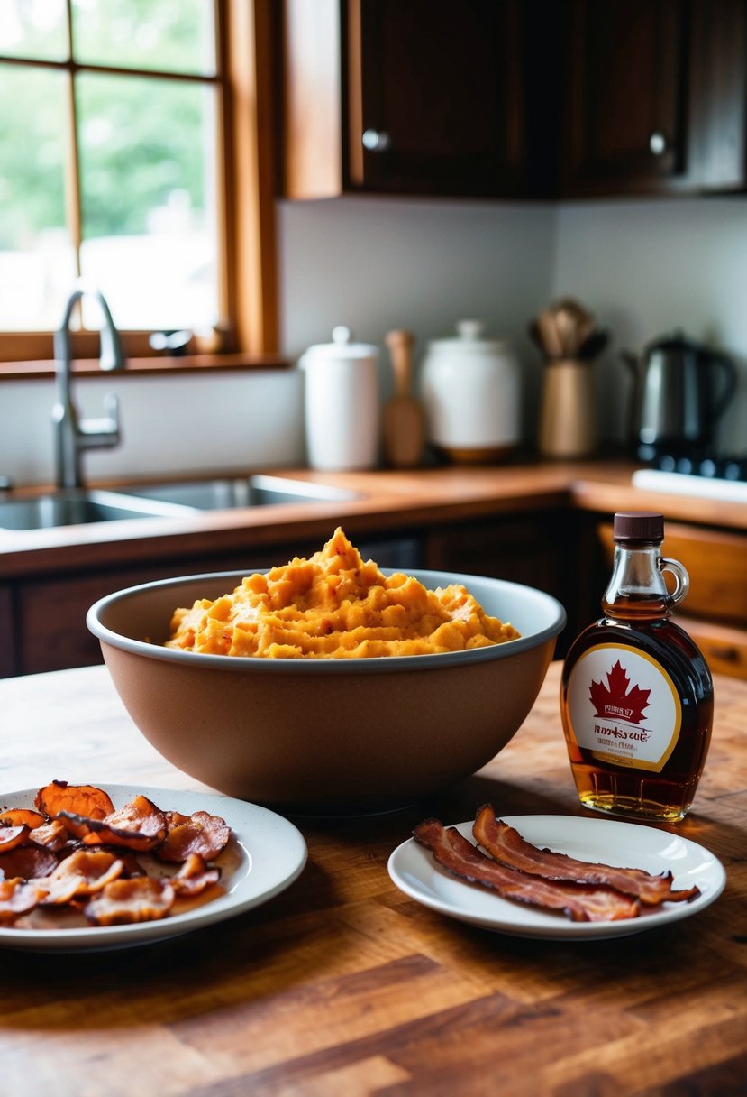 A rustic kitchen counter with a mixing bowl of mashed sweet potatoes, a plate of sizzling bacon, and a bottle of maple syrup