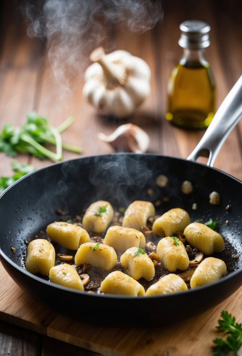 Mushroom gnocchi sizzling in a pan with sautéed garlic, emitting a savory aroma