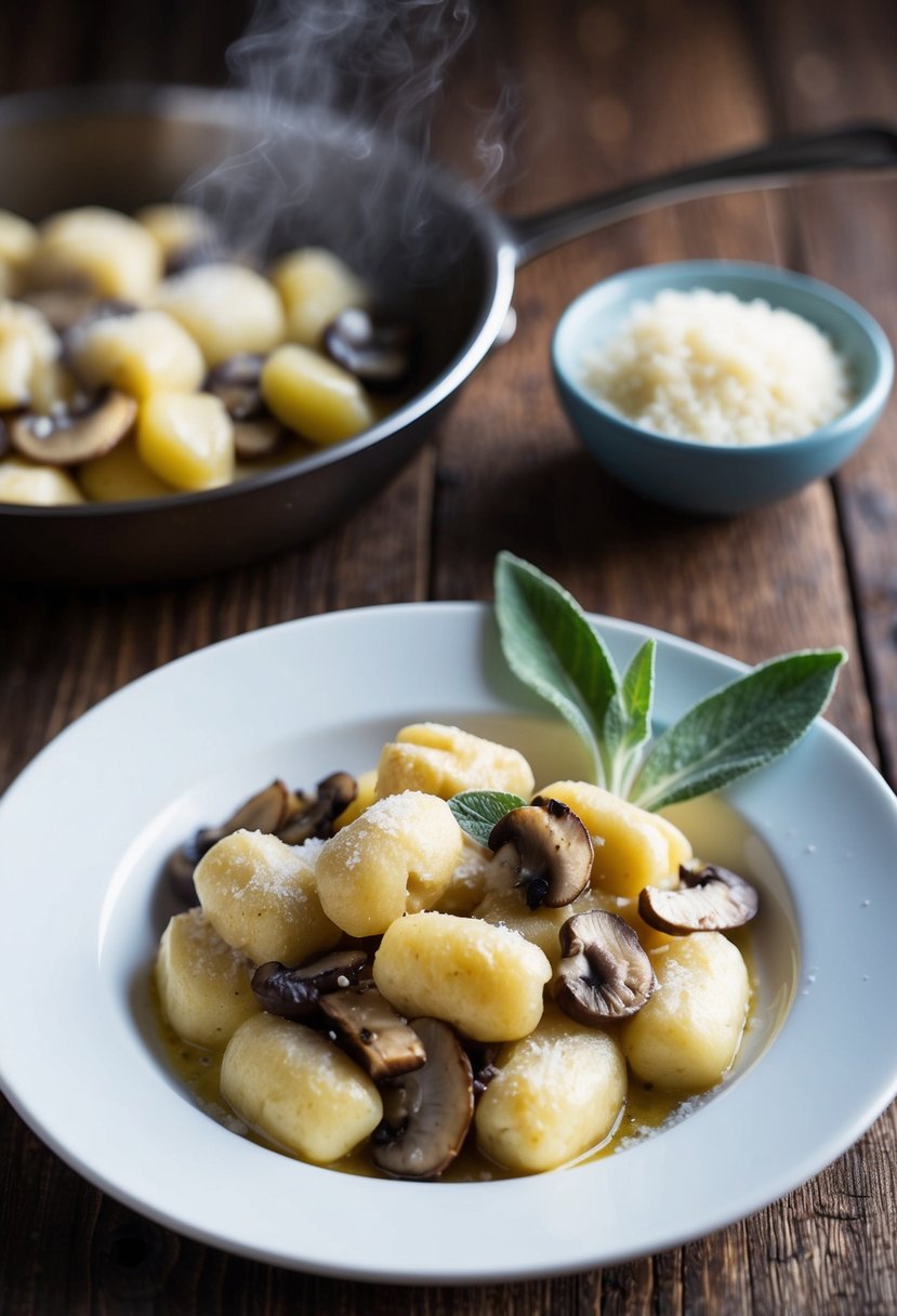 A rustic wooden table with a steaming plate of mushroom and sage gnocchi, garnished with freshly grated Parmesan cheese and a sprig of fresh sage