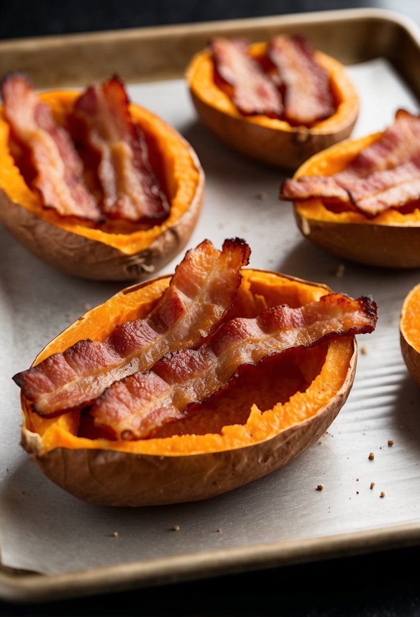 Crispy bacon strips draped over halved sweet potato skins on a baking sheet