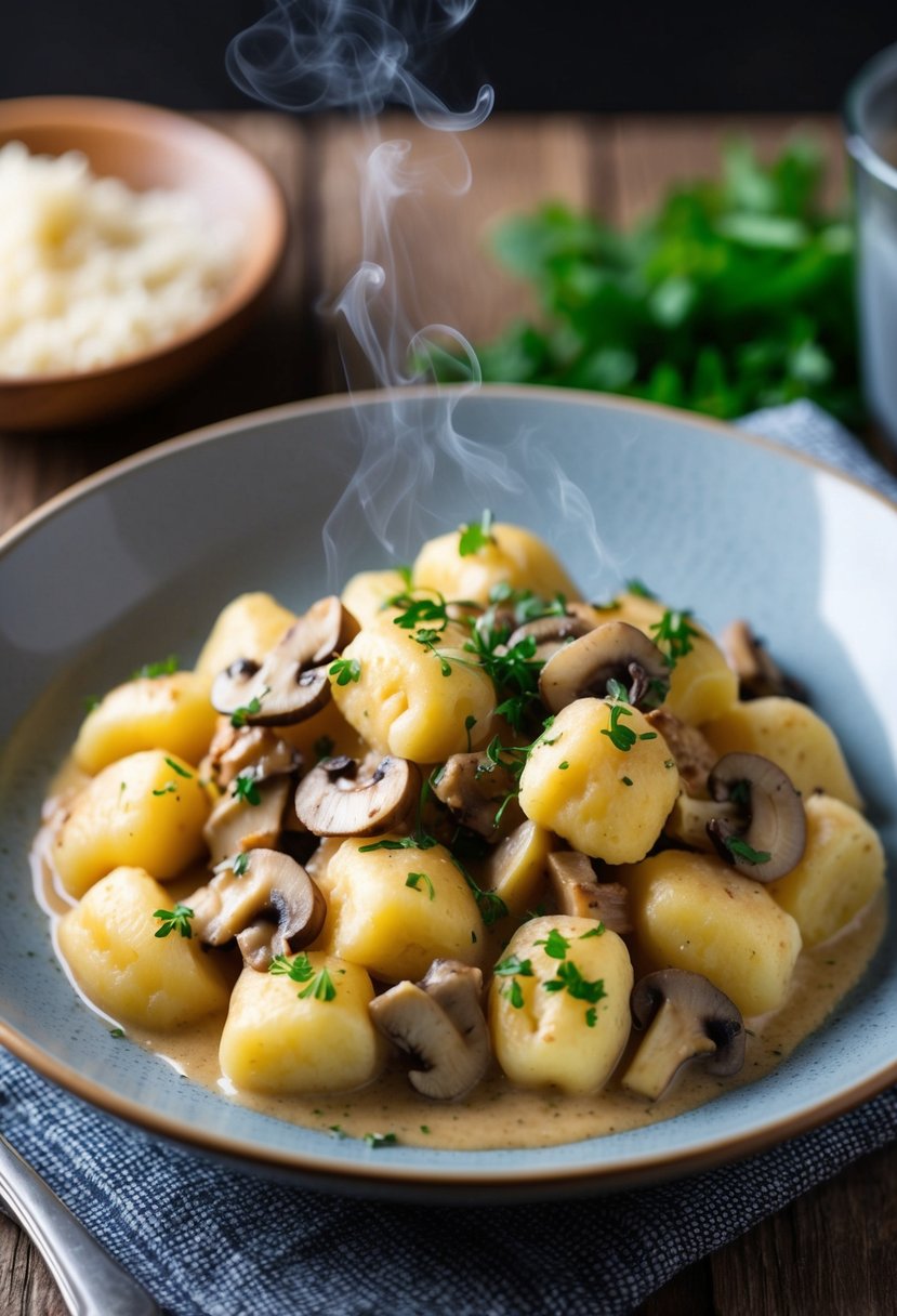 A steaming plate of gnocchi in a creamy mushroom marsala sauce, garnished with fresh herbs, sits on a rustic wooden table