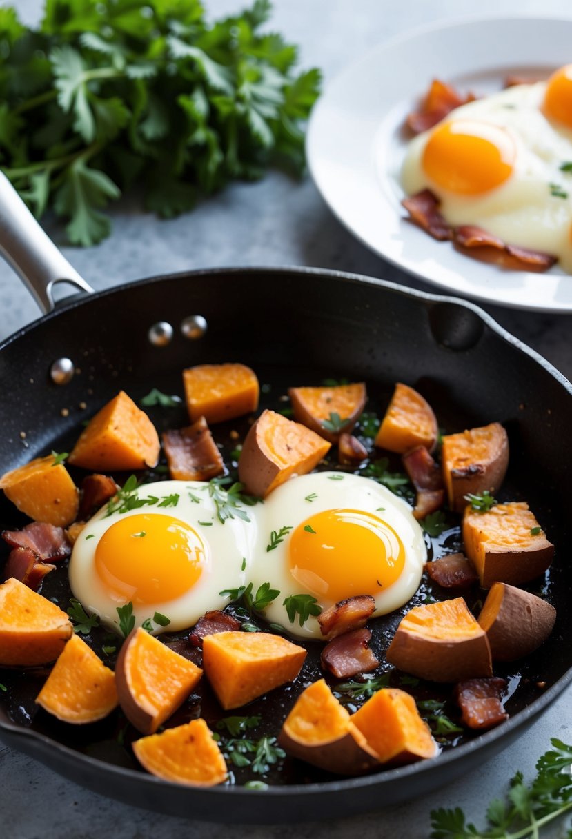 A sizzling skillet with chunks of sweet potato and crispy bacon surrounded by beaten eggs and fresh herbs