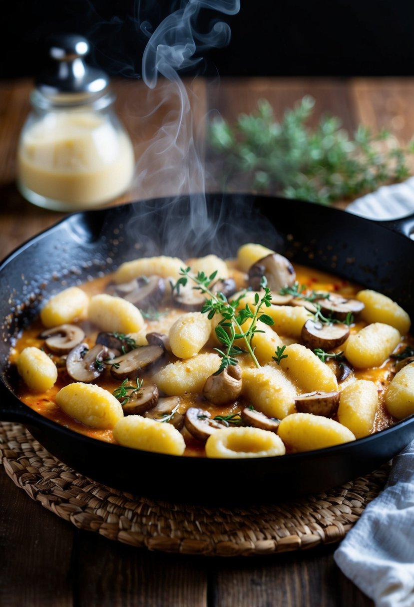 A steaming skillet of gnocchi, mushrooms, and thyme sizzling in a fragrant Parmesan sauce