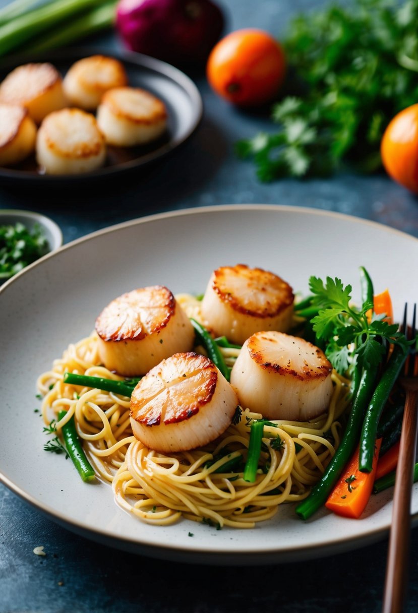 A plate of seared scallops and noodles with colorful vegetables and aromatic herbs