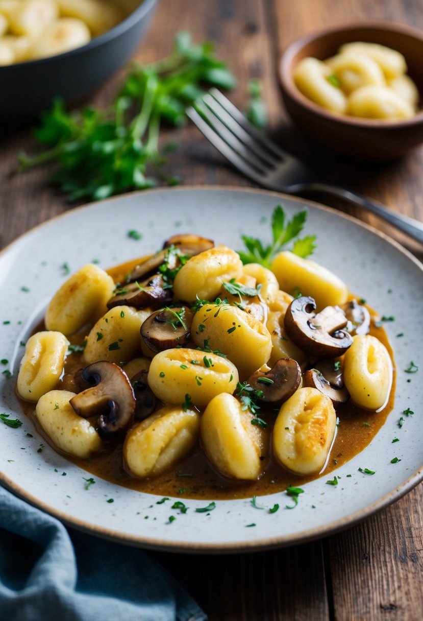 A steaming plate of gnocchi with mushrooms in a rich brown butter sauce, garnished with fresh herbs, sits on a rustic wooden table