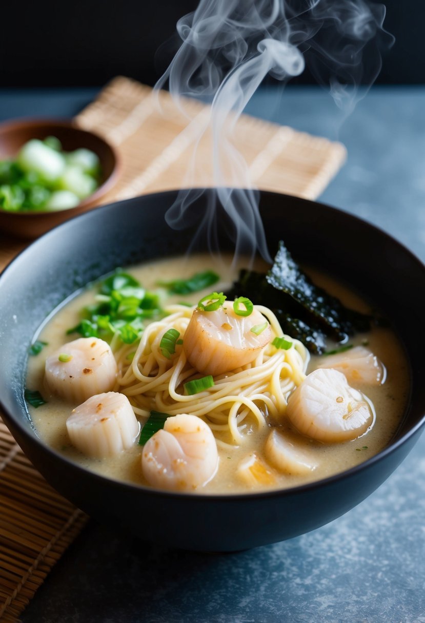 A steaming bowl of miso scallop ramen with creamy broth, tender scallops, and noodles, garnished with green onions and seaweed