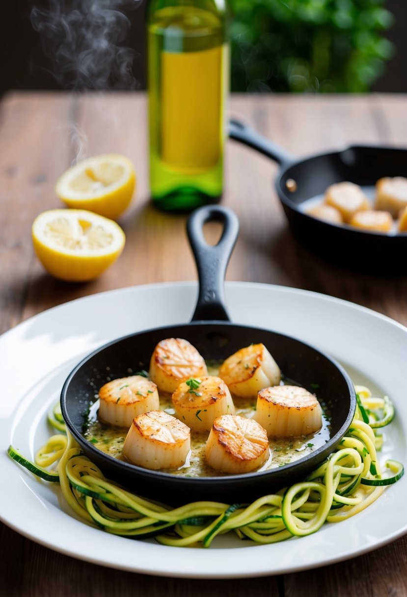 A sizzling skillet of garlic butter scallops surrounded by vibrant green zucchini noodles on a white plate