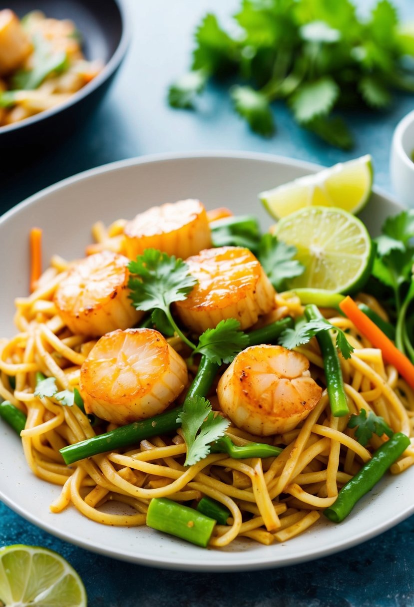 A steaming plate of Spicy Scallop Pad Thai with fresh noodles and vibrant vegetables, garnished with cilantro and lime