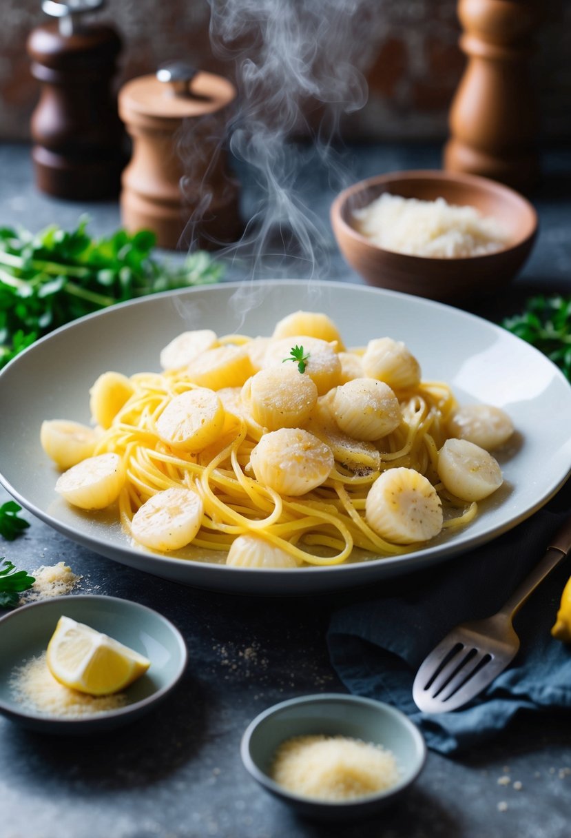 A steaming plate of lemon scallop pasta with Parmesan, surrounded by fresh ingredients and cooking utensils on a rustic kitchen counter