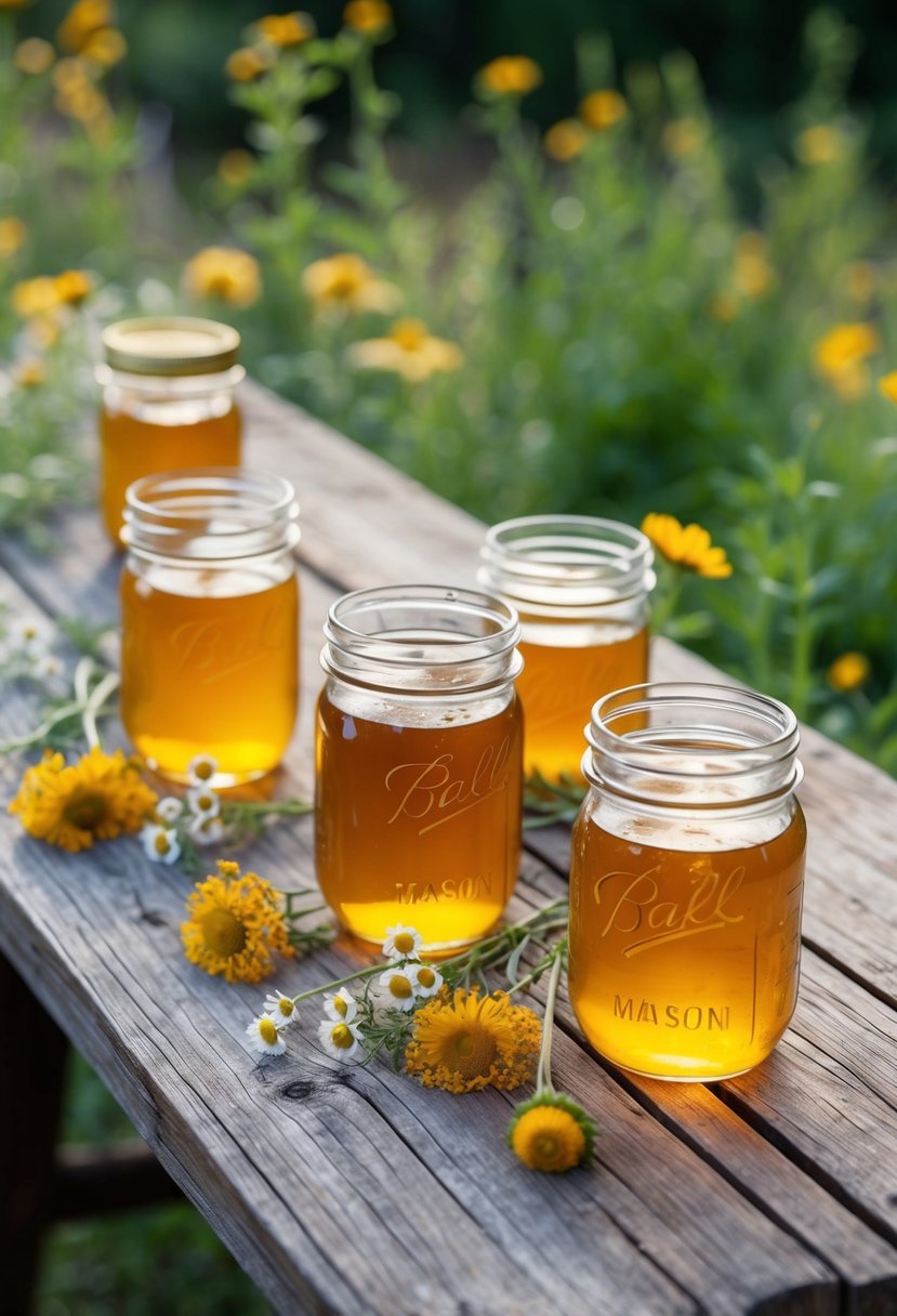 A rustic wooden table with mason jars filled with golden liquid, surrounded by wildflowers and honeycomb