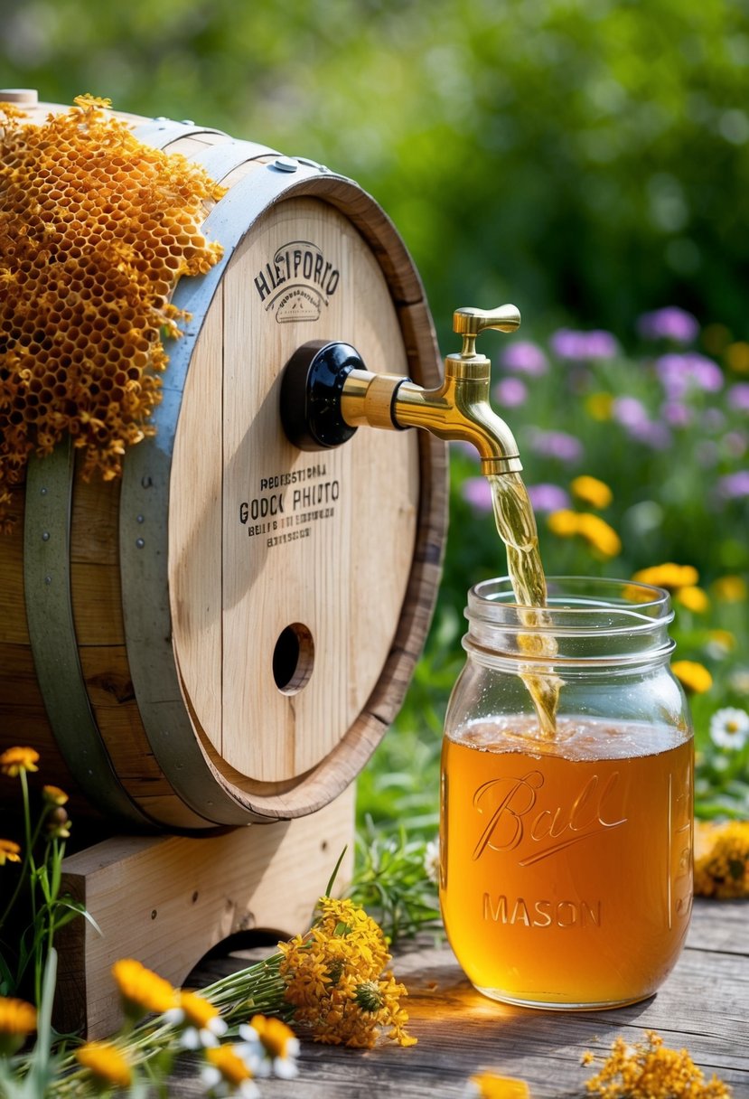 A rustic wooden barrel with a tap, surrounded by honeycombs and wildflowers, with a golden liquid pouring into a mason jar