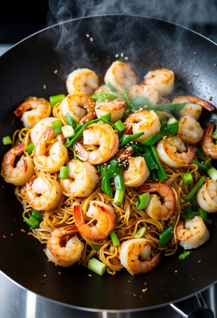 A steaming wok filled with stir-fried scallops, shrimp, and noodles, garnished with green onions and sesame seeds