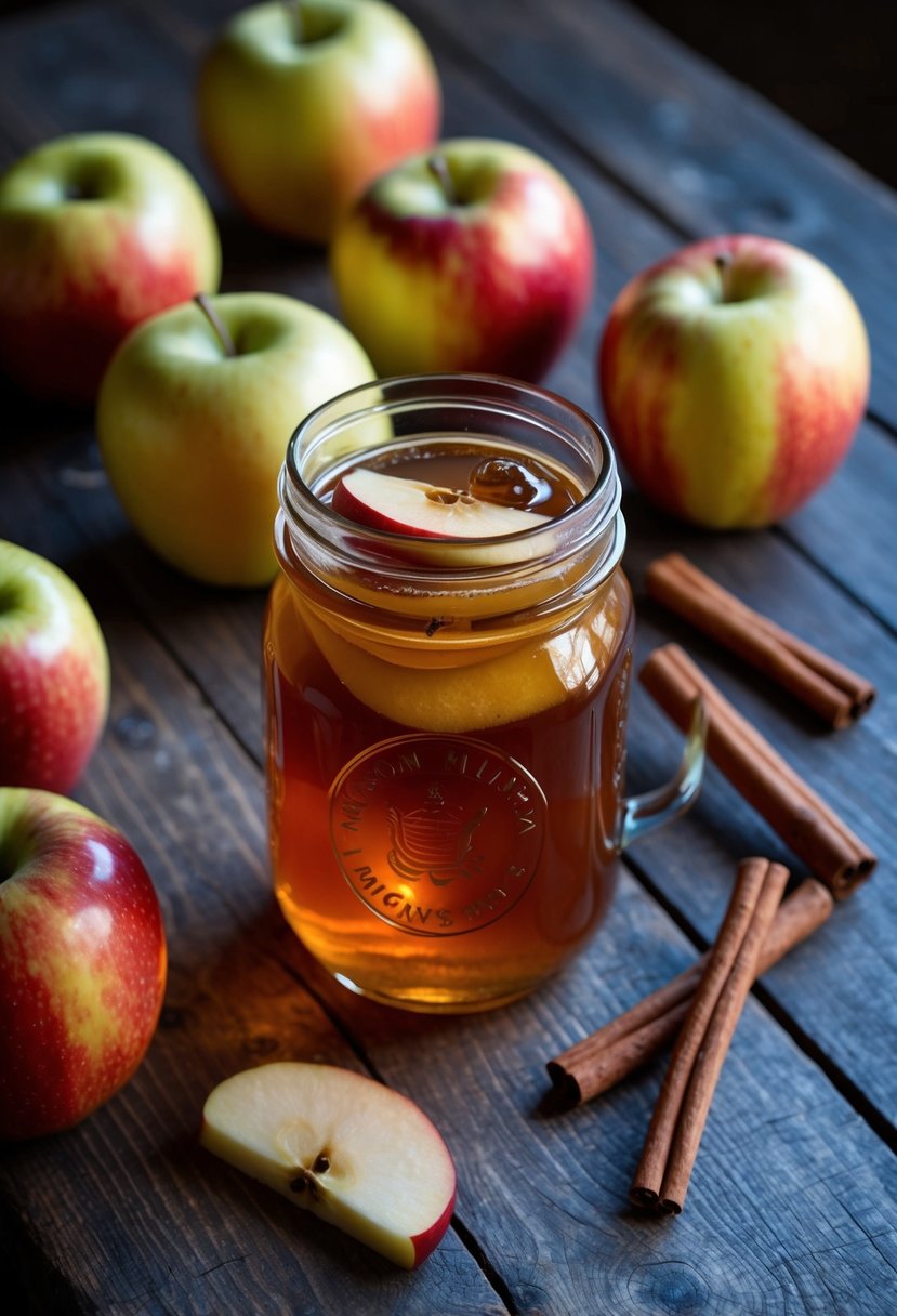 A rustic wooden table displays a mason jar filled with spiced apple honey moonshine, surrounded by fresh apples and cinnamon sticks