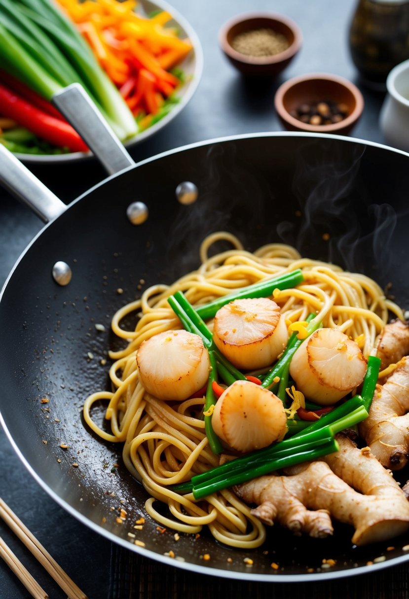 A sizzling wok with ginger, scallops, and udon noodles, surrounded by colorful vegetables and aromatic spices