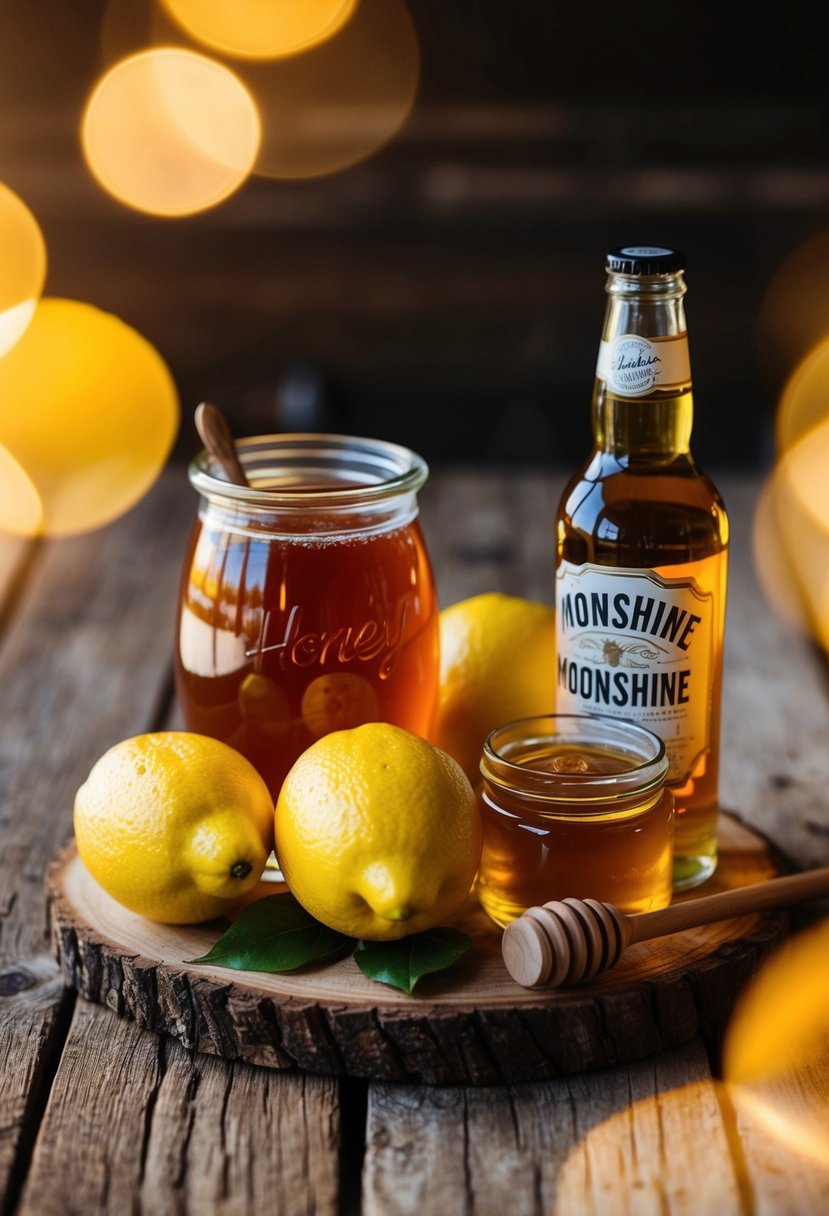 A rustic wooden table with fresh lemons, a jar of honey, and a bottle of moonshine, surrounded by a warm, golden glow