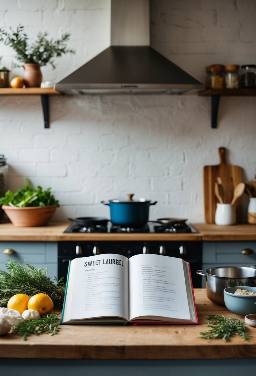 A rustic kitchen with fresh ingredients, vintage cookware, and a cookbook open to a page of Sweet Laurel recipes