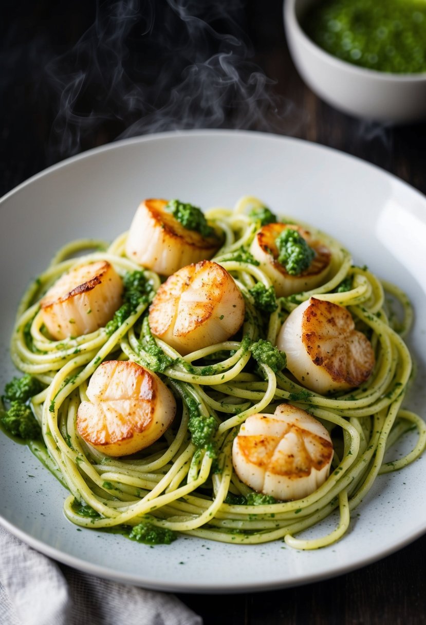 A steaming plate of Pesto Scallop Linguine, with plump, seared scallops nestled among tangled strands of pasta, coated in vibrant green pesto sauce