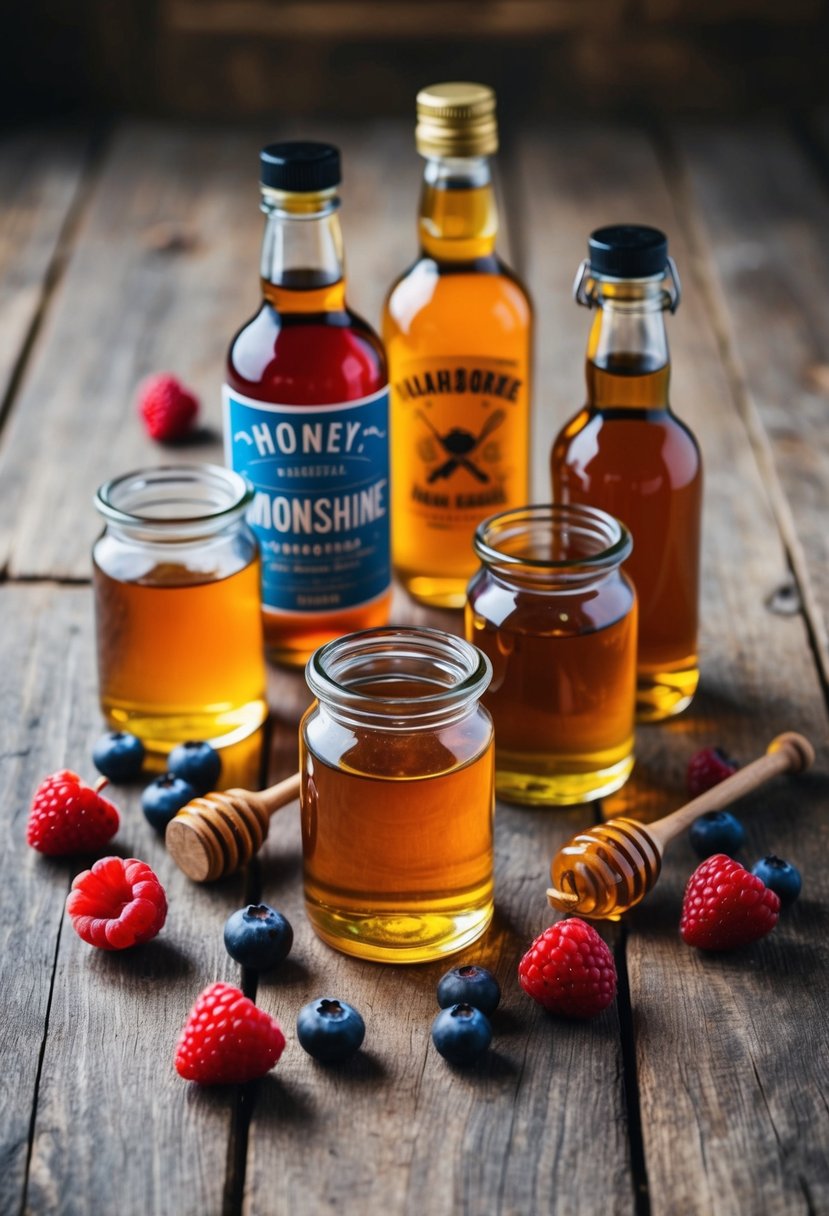 A rustic wooden table with fresh berries, honey, and moonshine bottles arranged for a recipe illustration