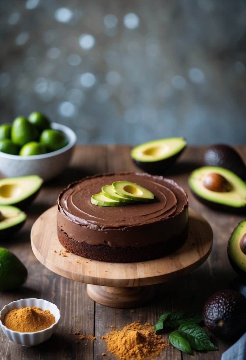 A rustic kitchen table with a chocolate avocado cake on a wooden stand, surrounded by fresh avocados and cacao powder