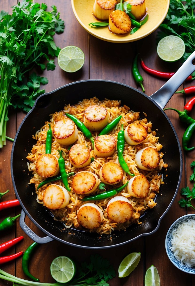 A sizzling skillet of chili lime scallops and rice noodles on a wooden table, surrounded by vibrant ingredients like chili peppers, lime wedges, and fresh herbs