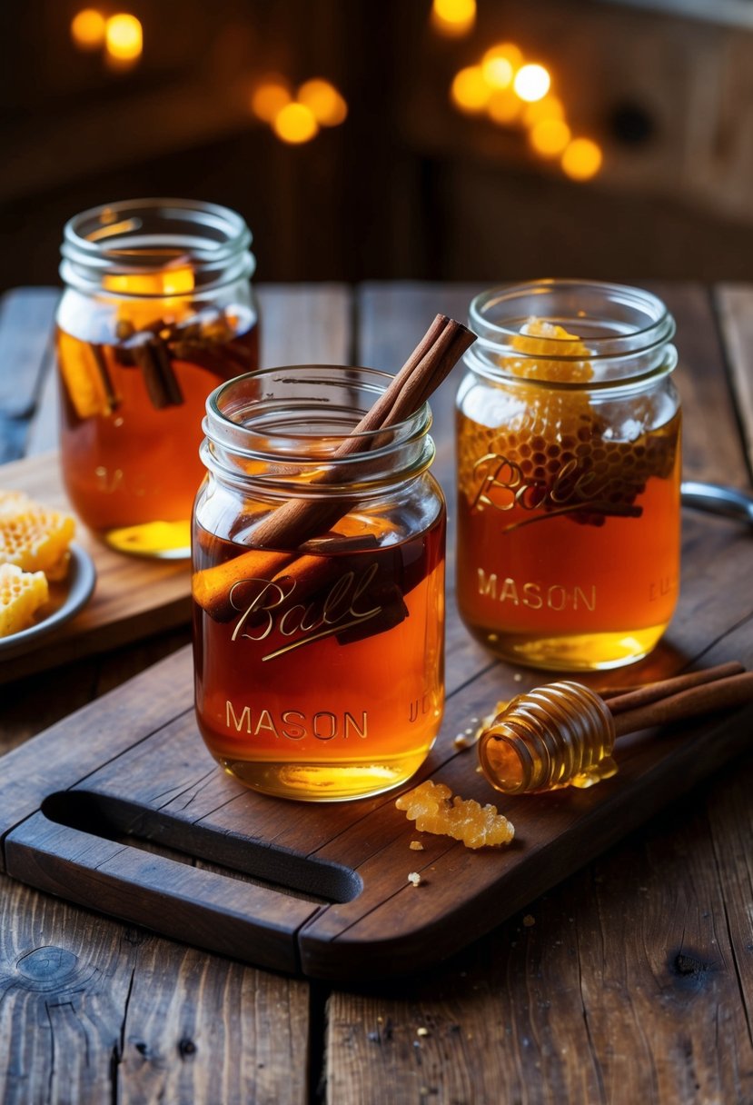 A rustic wooden table with mason jars filled with amber-colored liquid, cinnamon sticks, and honeycomb. A warm glow from the jars creates a cozy atmosphere