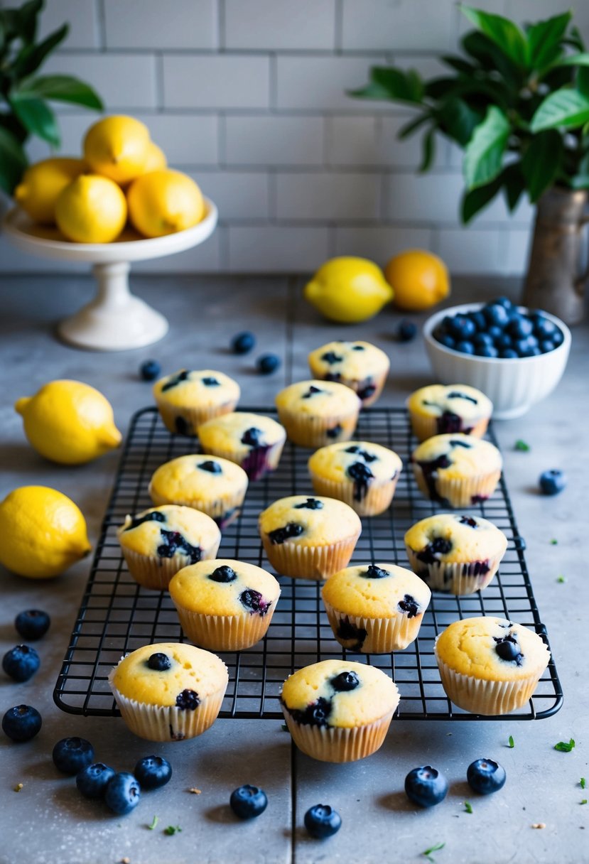 A rustic kitchen counter with a cooling rack of Lemon Blueberry Muffins surrounded by fresh lemons and blueberries