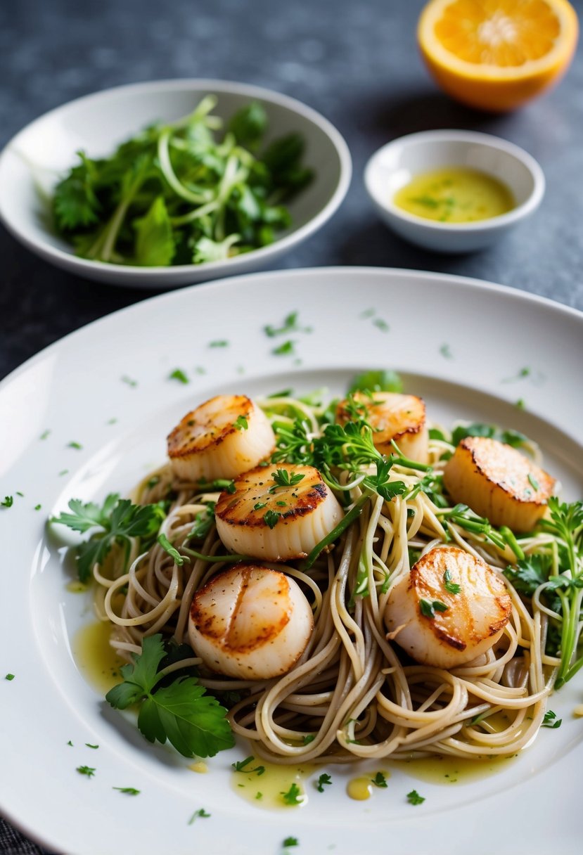 A white plate holds a vibrant salad of seared scallops, green herbs, and tangled soba noodles, drizzled with a citrus vinaigrette