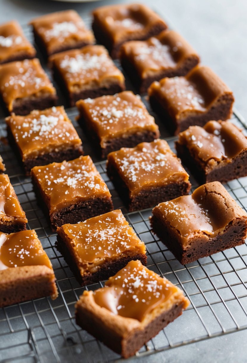 A pan of freshly baked salted caramel brownies cooling on a wire rack