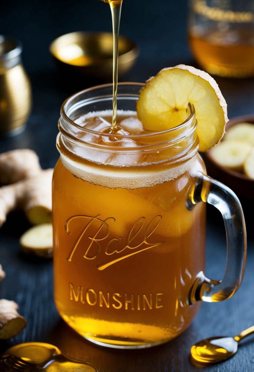 A mason jar filled with golden ginger honey moonshine cocktail, garnished with a slice of fresh ginger and a drizzle of honey