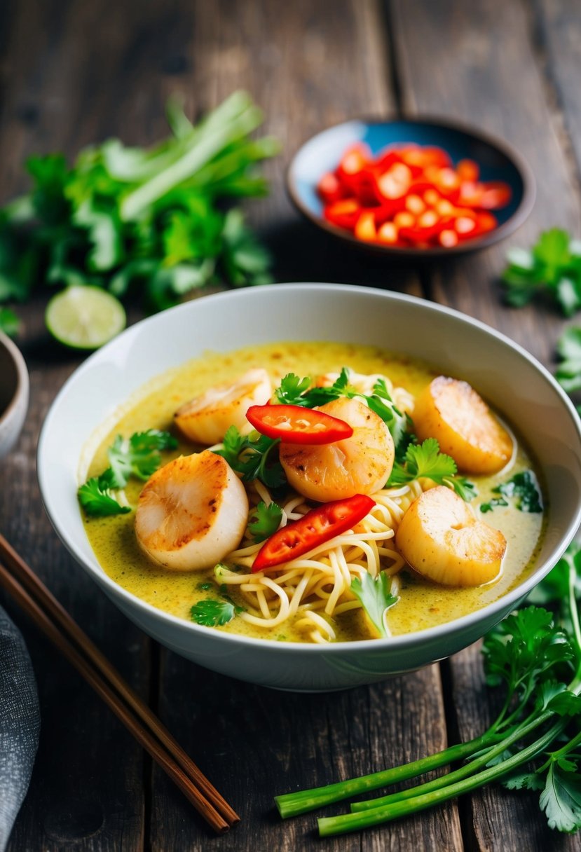 A steaming bowl of coconut curry scallop noodles with vibrant green herbs and slices of red chili on a rustic wooden table