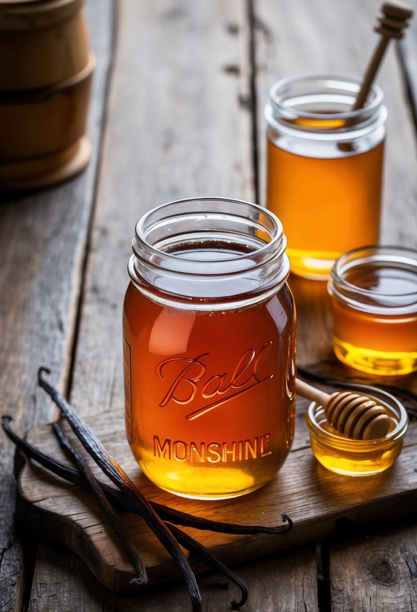 A mason jar filled with vanilla bean honey moonshine sits on a rustic wooden table, surrounded by fresh vanilla beans and a jar of golden honey