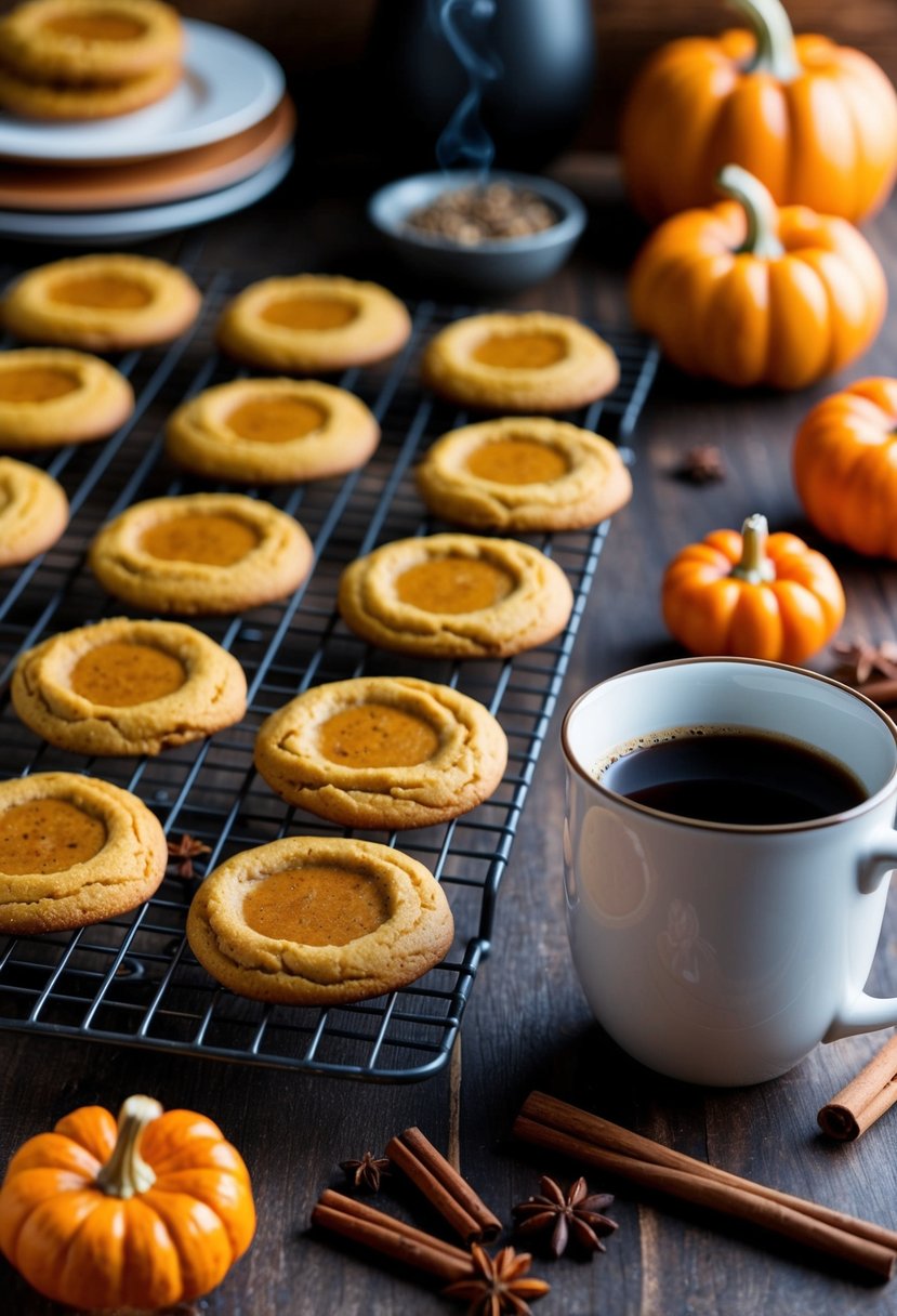 A warm, cozy kitchen with a batch of freshly baked Pumpkin Spice Latte Cookies cooling on a wire rack, surrounded by fall spices and a steaming mug of coffee