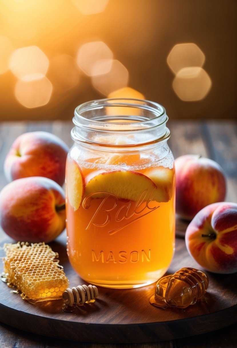 A mason jar filled with peach-colored liquid sits on a wooden table, surrounded by fresh peaches and honeycomb. A warm, golden glow illuminates the scene