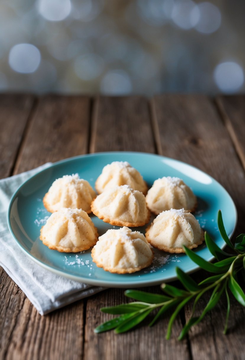 A plate of vanilla coconut macaroons arranged on a rustic wooden table with a sprig of fresh laurel next to them