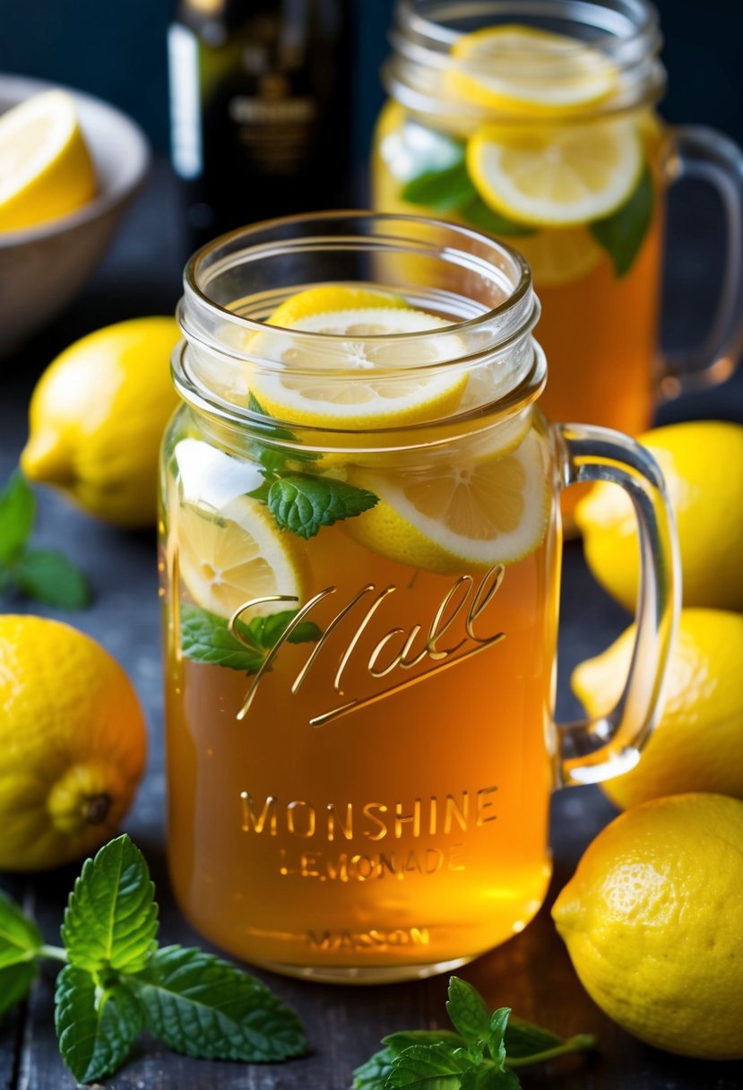 A mason jar filled with golden honey moonshine lemonade, surrounded by fresh lemons and a sprig of mint