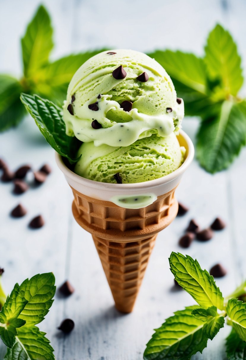 A scoop of matcha mint chip ice cream on a cone, surrounded by fresh mint leaves and a sprinkle of chocolate chips