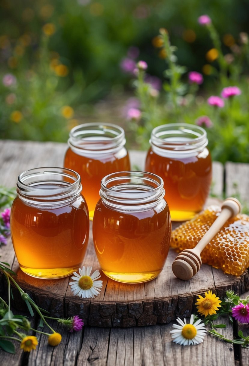 A rustic wooden table with jars of hazelnut honey moonshine, surrounded by honeycombs and wildflowers