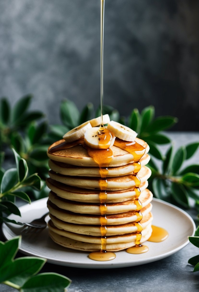 A stack of golden pancakes topped with sliced bananas and drizzled with syrup, surrounded by fresh laurel leaves