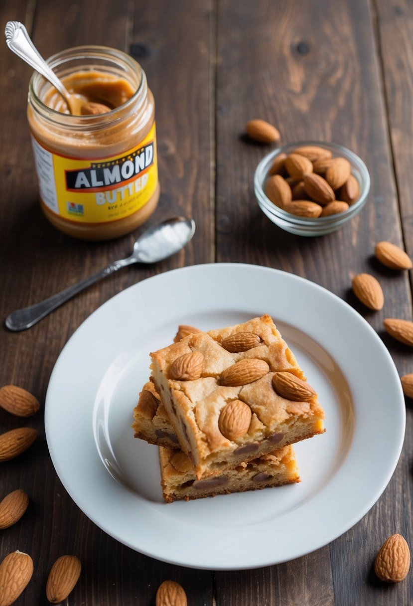 A wooden table with a plate of almond butter blondies, a jar of almond butter, and scattered almonds