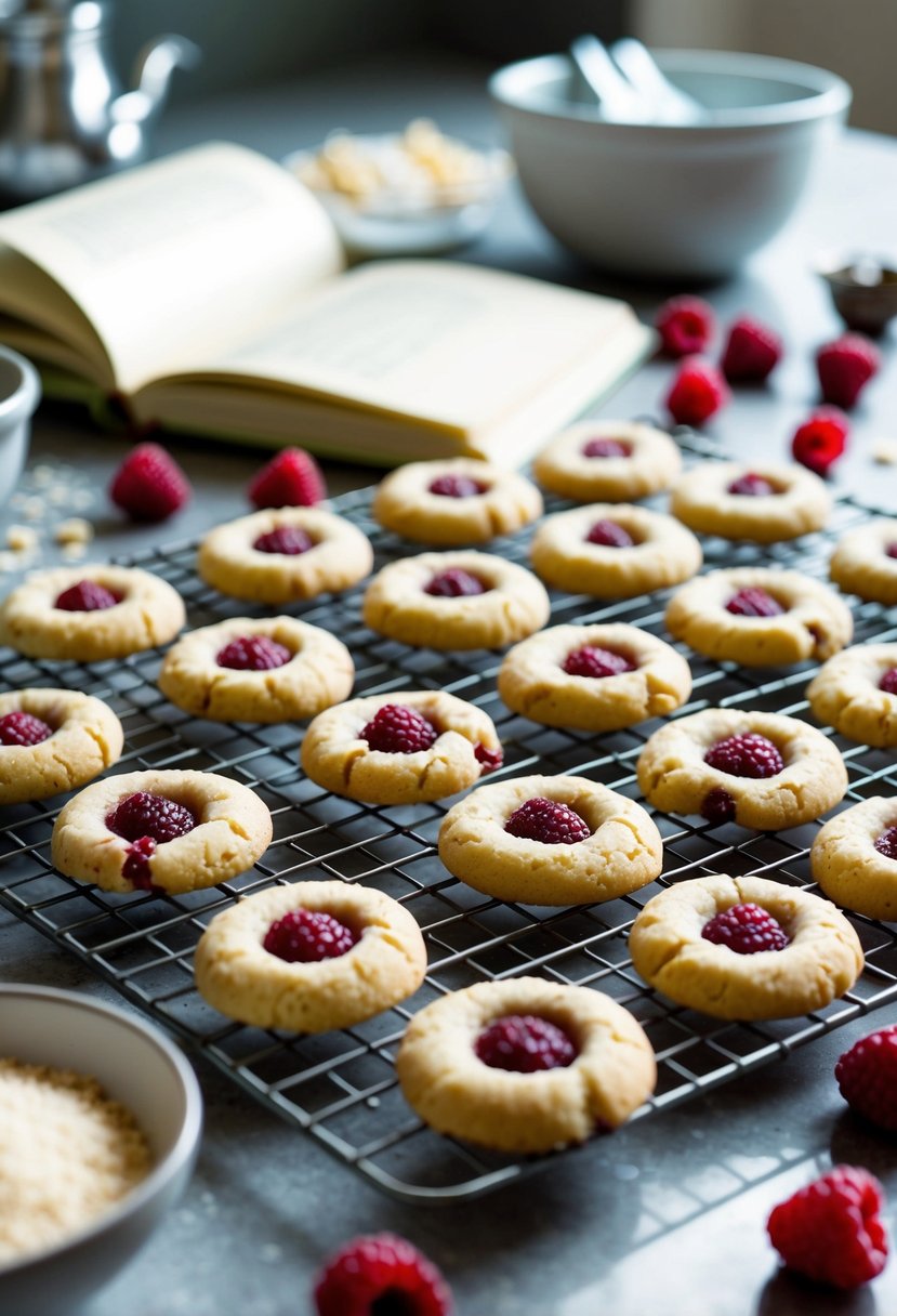 A kitchen counter with freshly baked raspberry thumbprint cookies cooling on a wire rack, surrounded by scattered ingredients and a recipe book