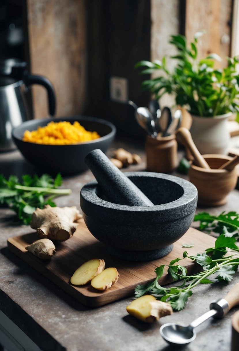 A rustic kitchen counter with fresh ginger root, mortar and pestle, and various cooking utensils scattered around