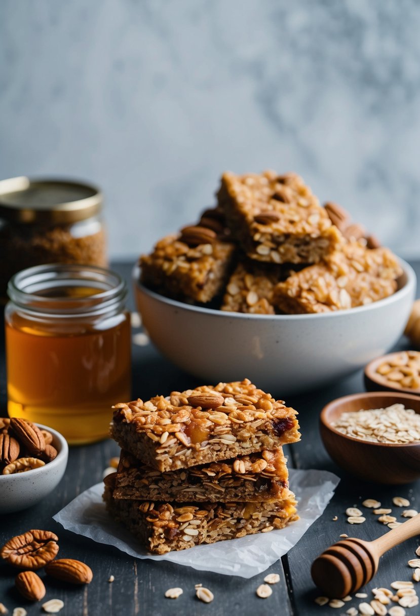 A table set with various ingredients like nuts, oats, and honey, along with a batch of freshly baked Sweet Laurel Granola Bars