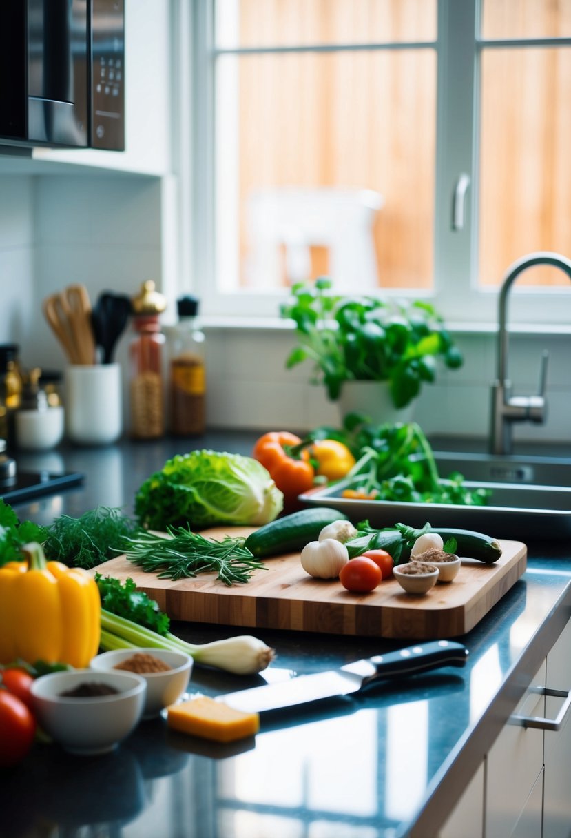 A kitchen counter with assorted ingredients and utensils for cooking, including a cutting board, knife, vegetables, and spices