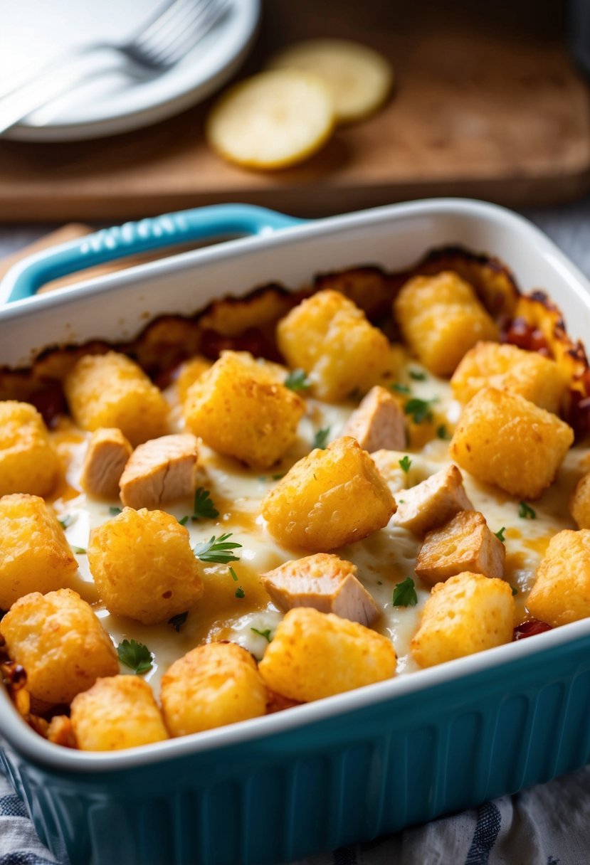 A bubbling casserole dish filled with golden tater tots, creamy cheese, and chunks of juicy chicken, fresh from the oven